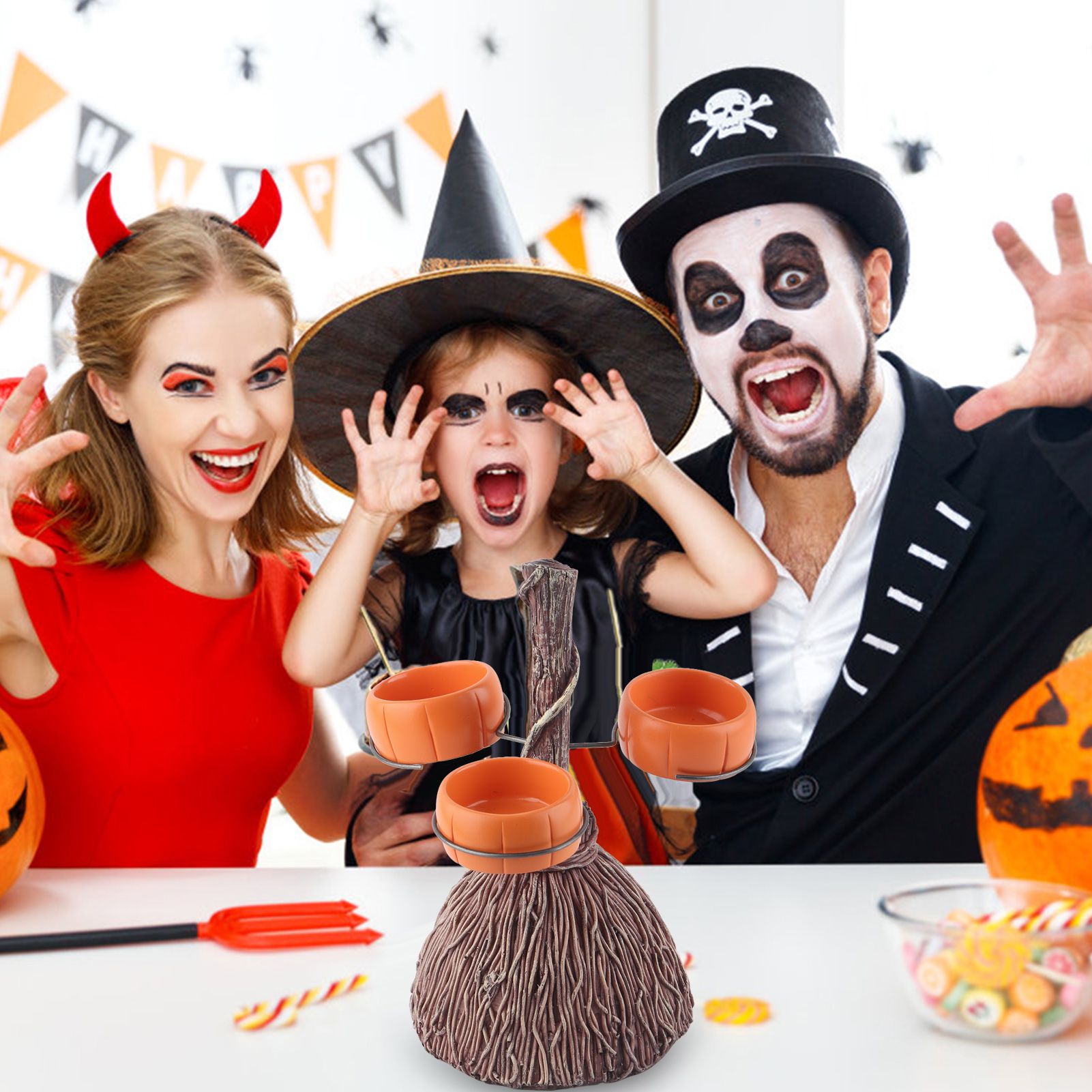 Halloween Resin Pumpkin Bowls On Broom for Serving Snacks Salad Fruit view 13