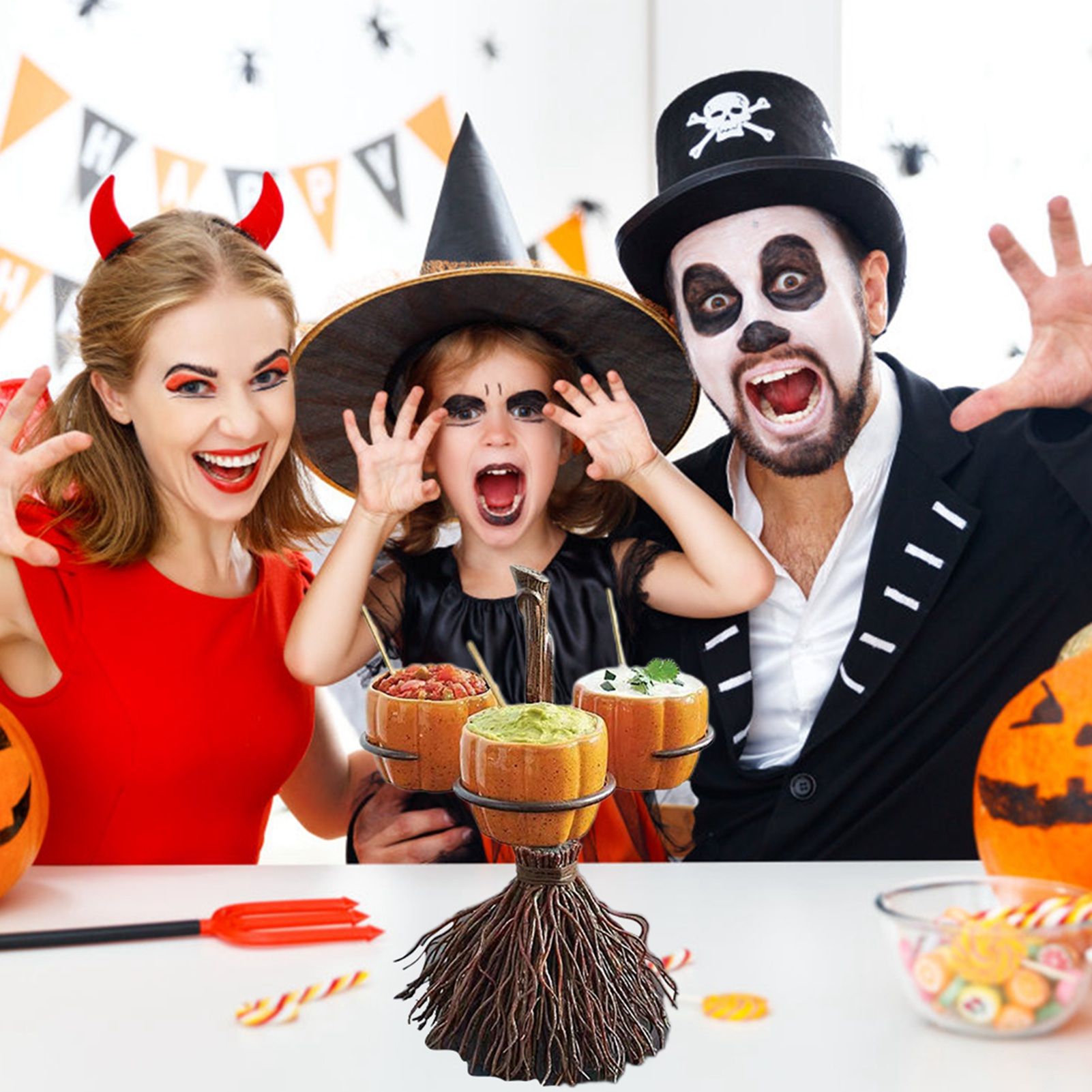 Halloween Resin Pumpkin Bowls On Broom for Serving Snacks Salad Fruit view 3