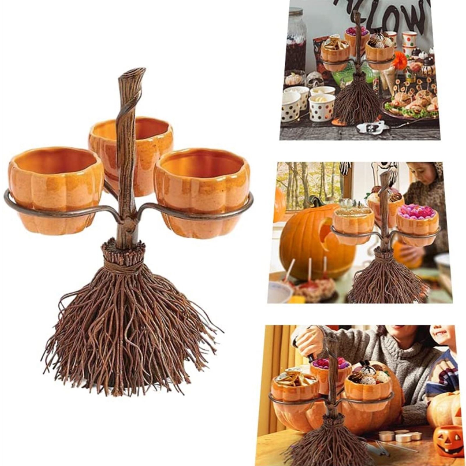 Halloween Resin Pumpkin Bowls On Broom for Serving Snacks Salad Fruit view 4