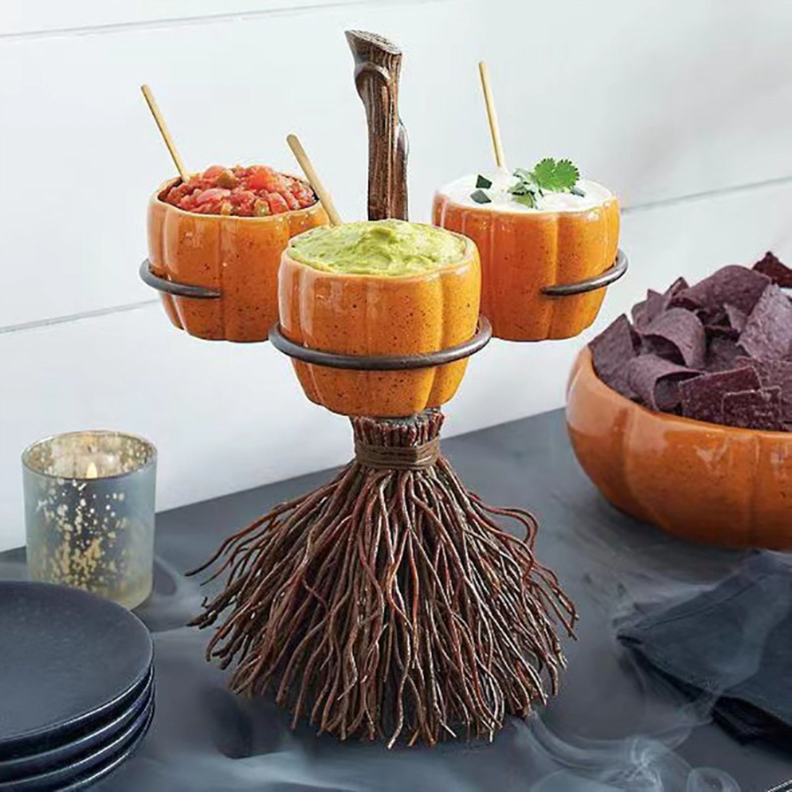 Halloween Resin Pumpkin Bowls On Broom for Serving Snacks Salad Fruit view 9