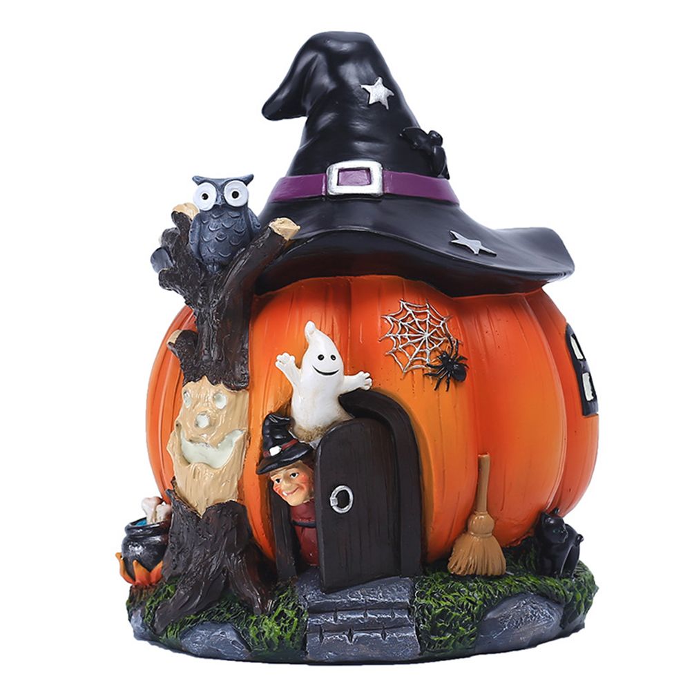 Halloween Witch Pumpkin House Figurine Luminous Resin Pumpkin Statue Crafts — image 1