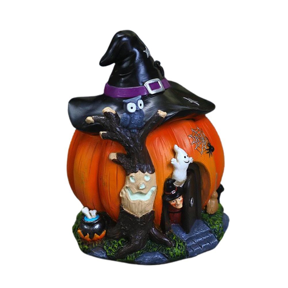 Halloween Witch Pumpkin House Figurine Luminous Resin Pumpkin Statue Crafts view 2