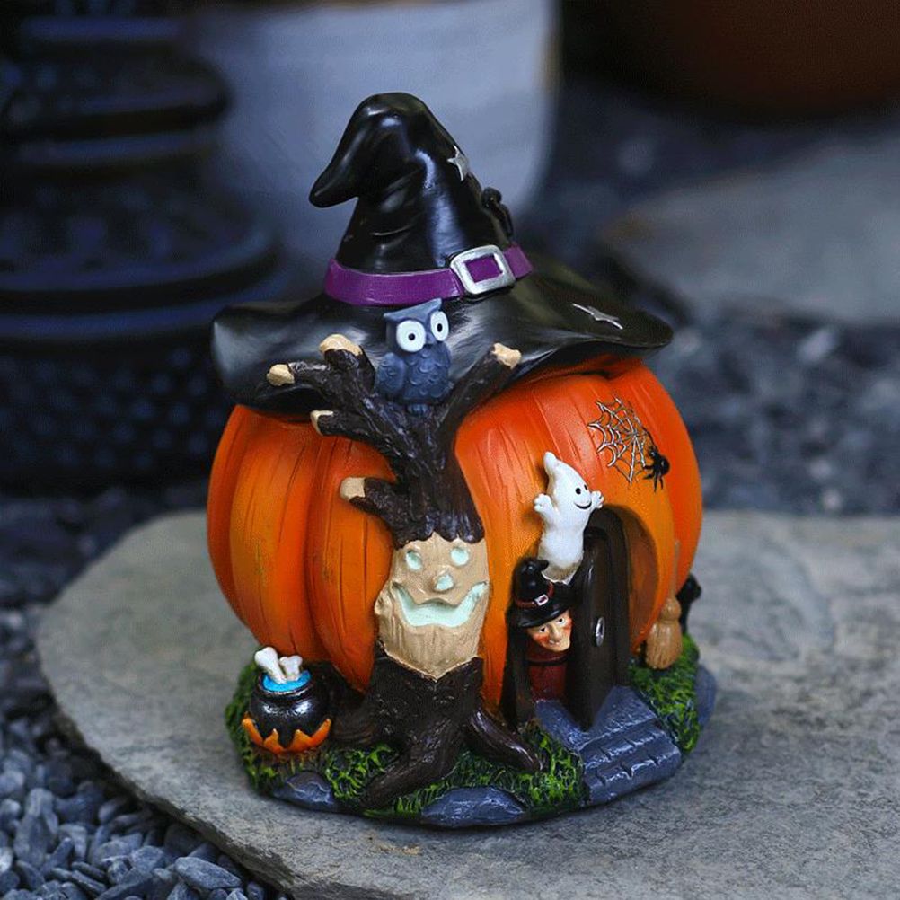 Halloween Witch Pumpkin House Figurine Luminous Resin Pumpkin Statue Crafts view 3