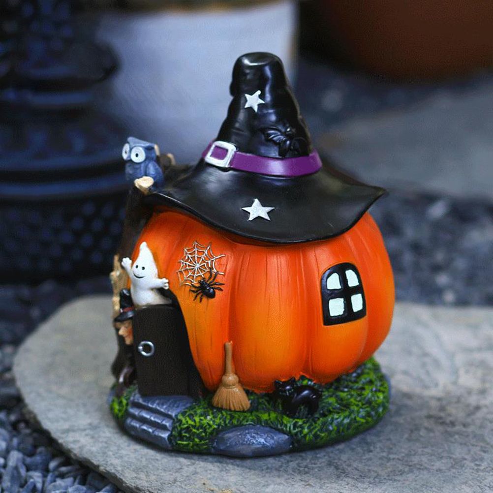 Halloween Witch Pumpkin House Figurine Luminous Resin Pumpkin Statue Crafts view 5