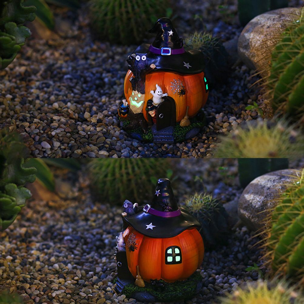 Halloween Witch Pumpkin House Figurine Luminous Resin Pumpkin Statue Crafts view 8