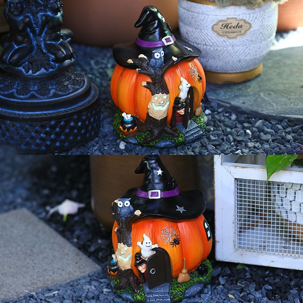 Halloween Witch Pumpkin House Figurine Luminous Resin Pumpkin Statue Crafts view 9