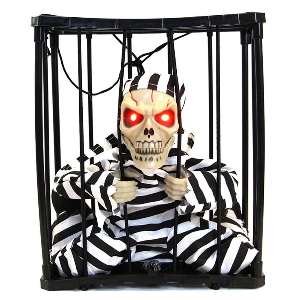 Halloween Scary Screaming Animated Skeleton Cage Prisoner with Light Up Eyes