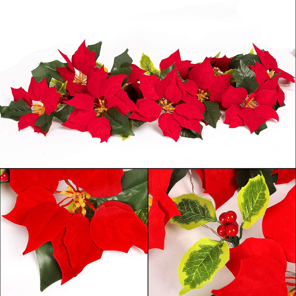 Christmas Poinsettia Garland String Lights 10 LED Artificial Flower Christmas view 4