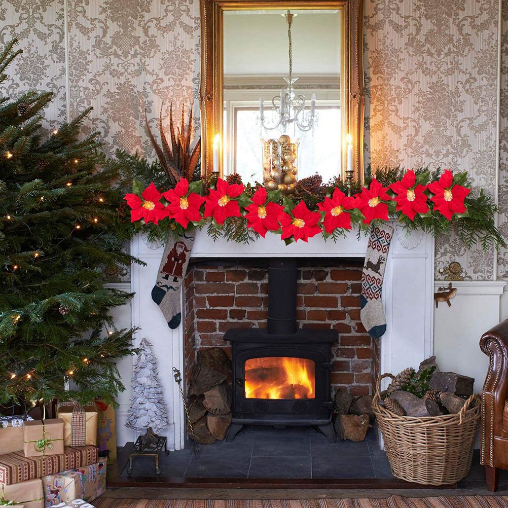 Christmas Poinsettia Garland String Lights 10 LED Artificial Flower Christmas view 6