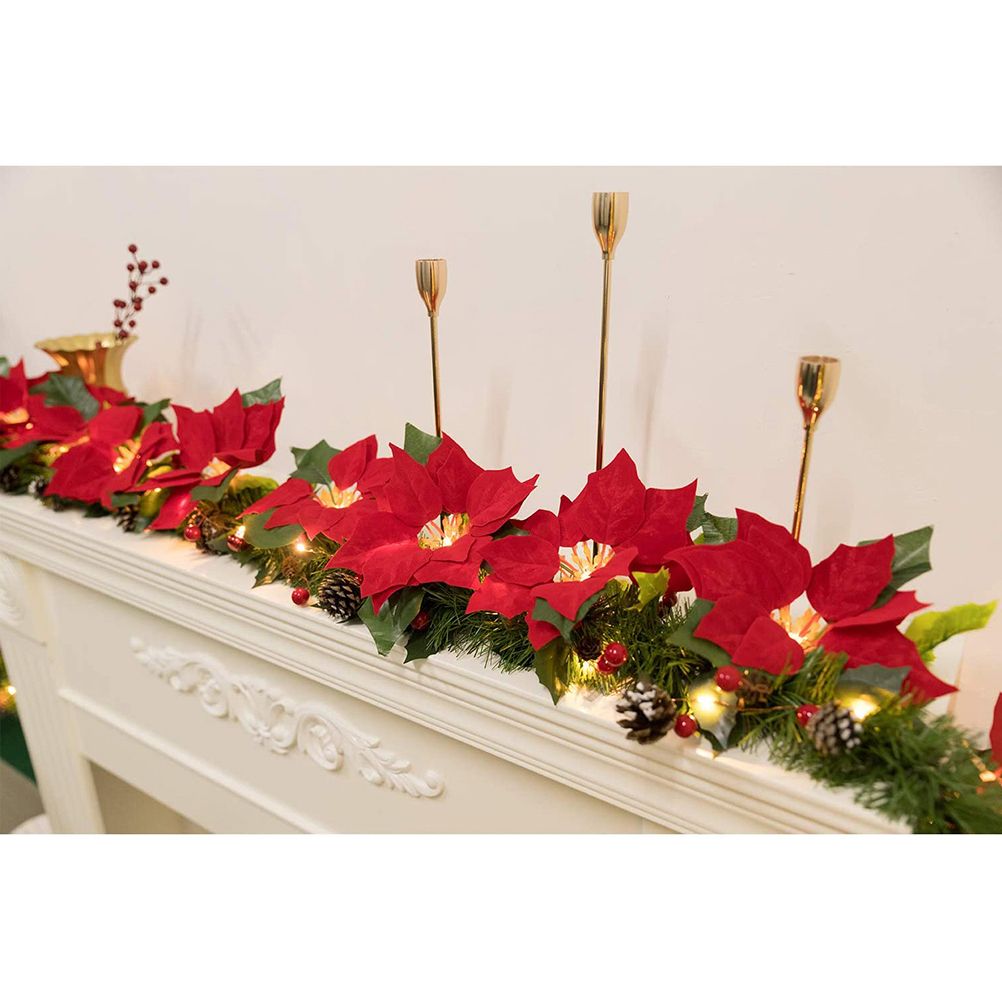 Christmas Poinsettia Garland String Lights 10 LED Artificial Flower Christmas view 7