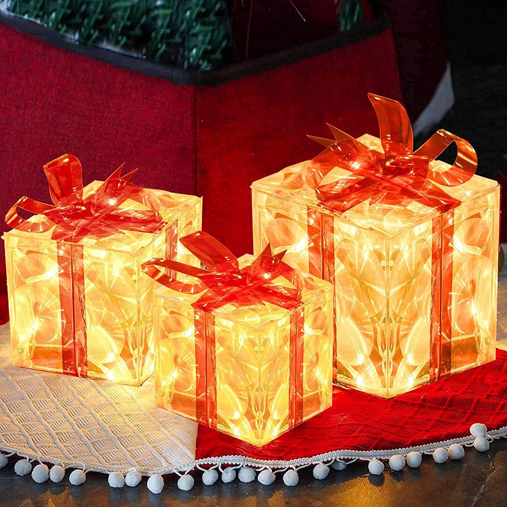 Set of 3 Christmas Lighted Gift Boxes Decorations Transparent Lighted Boxes view 4