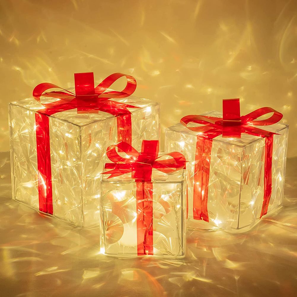 Set of 3 Christmas Lighted Gift Boxes Decorations Transparent Lighted Boxes view 7