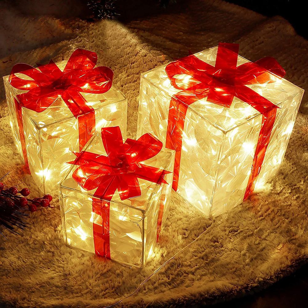 Set of 3 Christmas Lighted Gift Boxes Decorations Transparent Lighted Boxes view 8