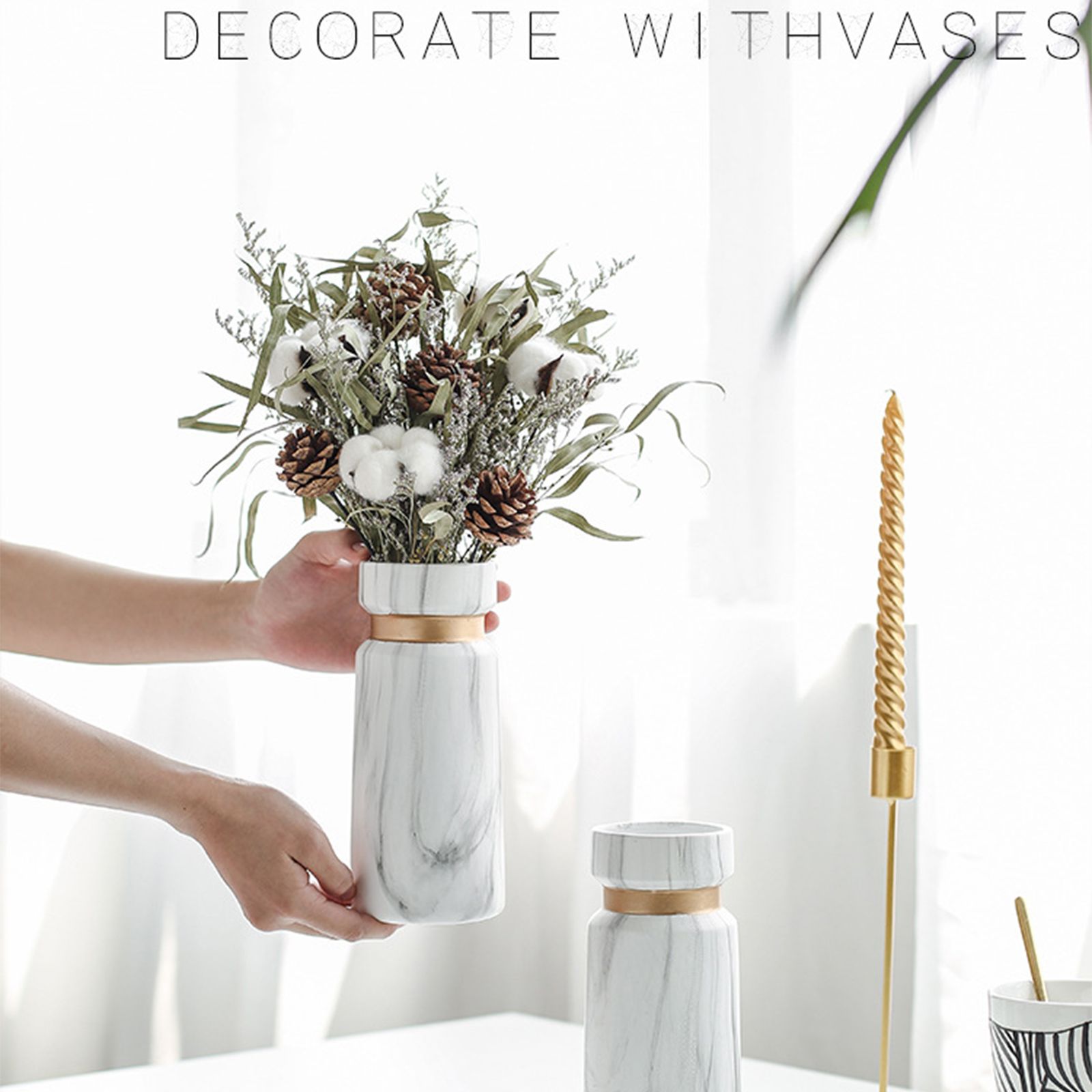 White Ceramics Vase Water Transfer Printed Marble Flower Vase for Bedroom view 9