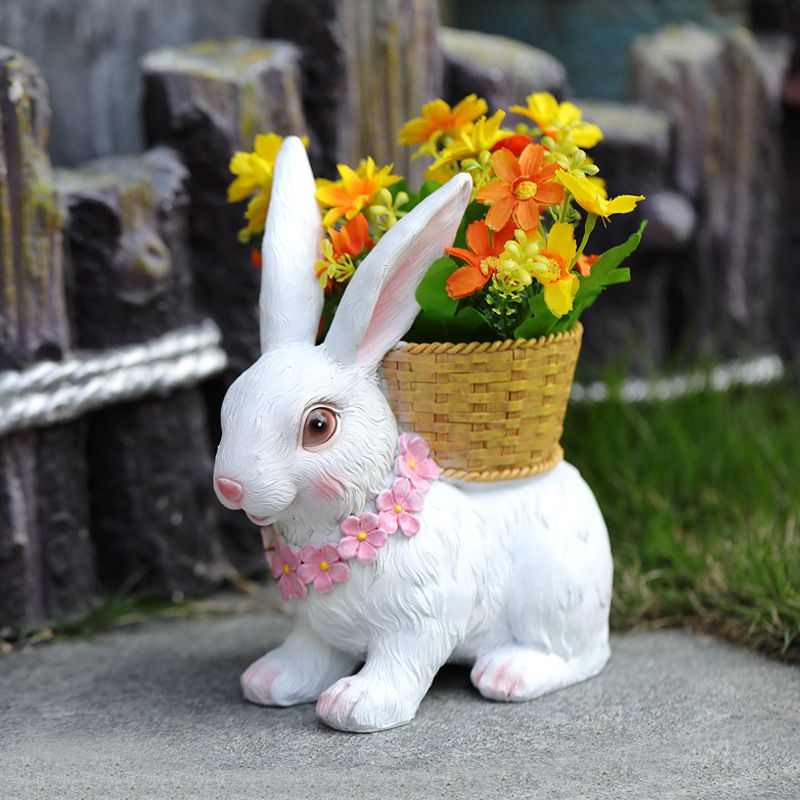 Rabbit Flowerpot Resin Process Rabbit Ornament with Back Basket Outdoor view 3
