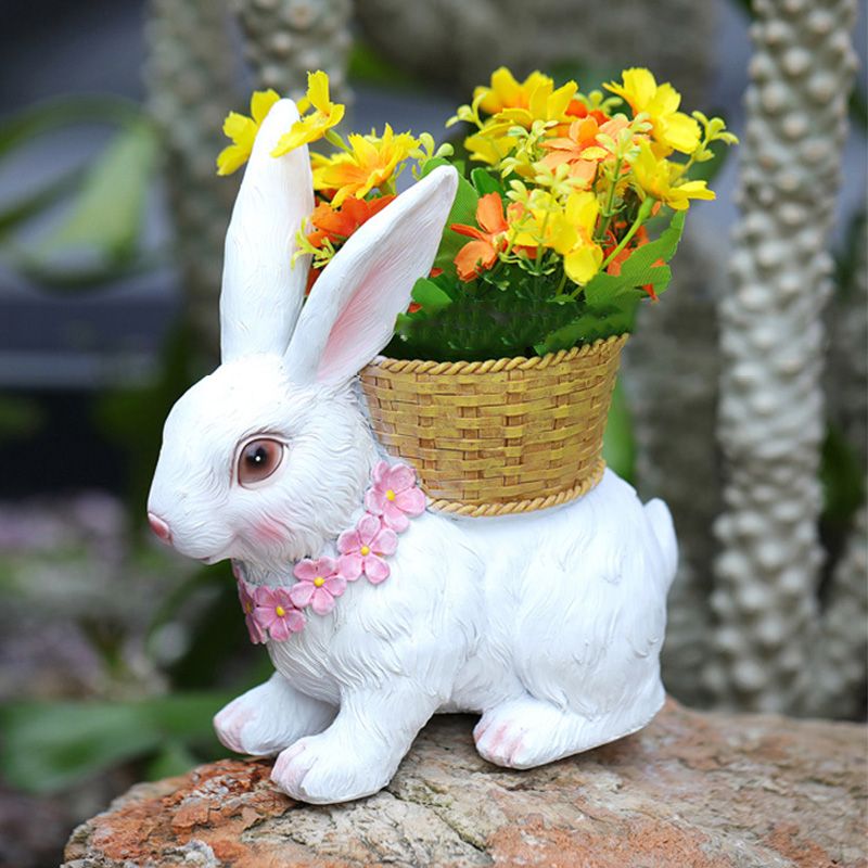 Rabbit Flowerpot Resin Process Rabbit Ornament with Back Basket Outdoor view 4