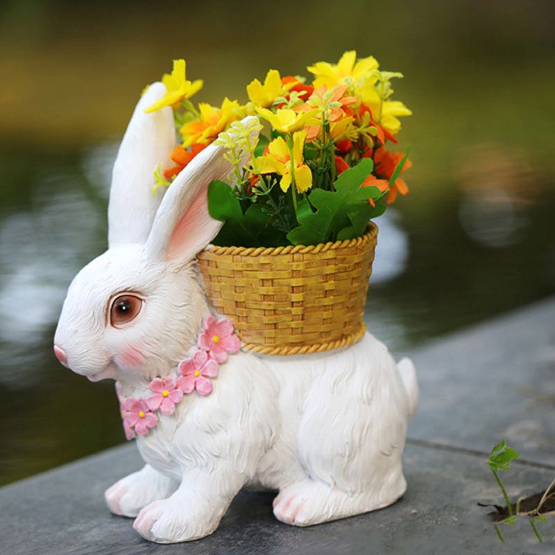 Rabbit Flowerpot Resin Process Rabbit Ornament with Back Basket Outdoor view 5