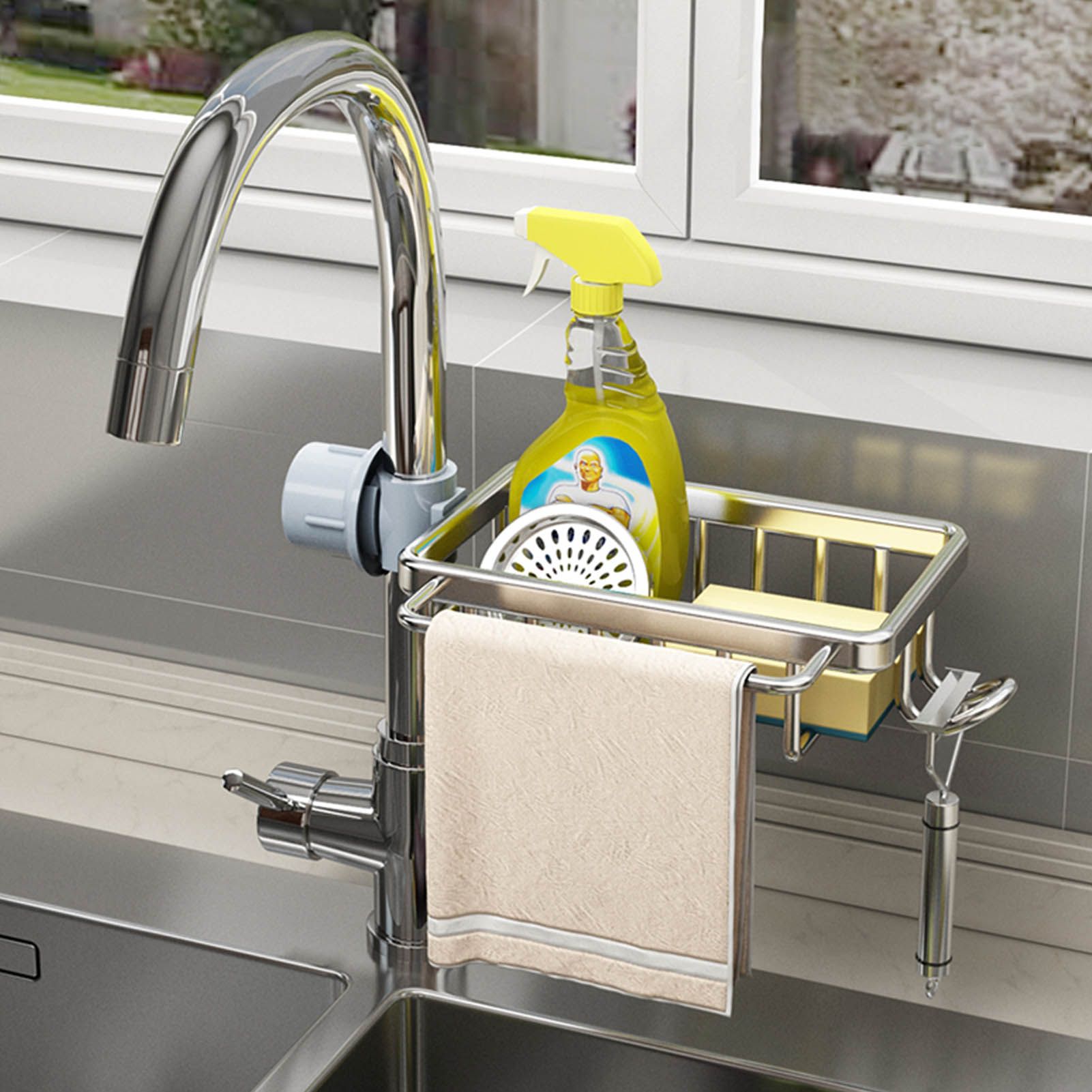 Kitchen Faucet Storage Rack Faucet Sponge Holder Hanging Drain Rack with Towel view 12