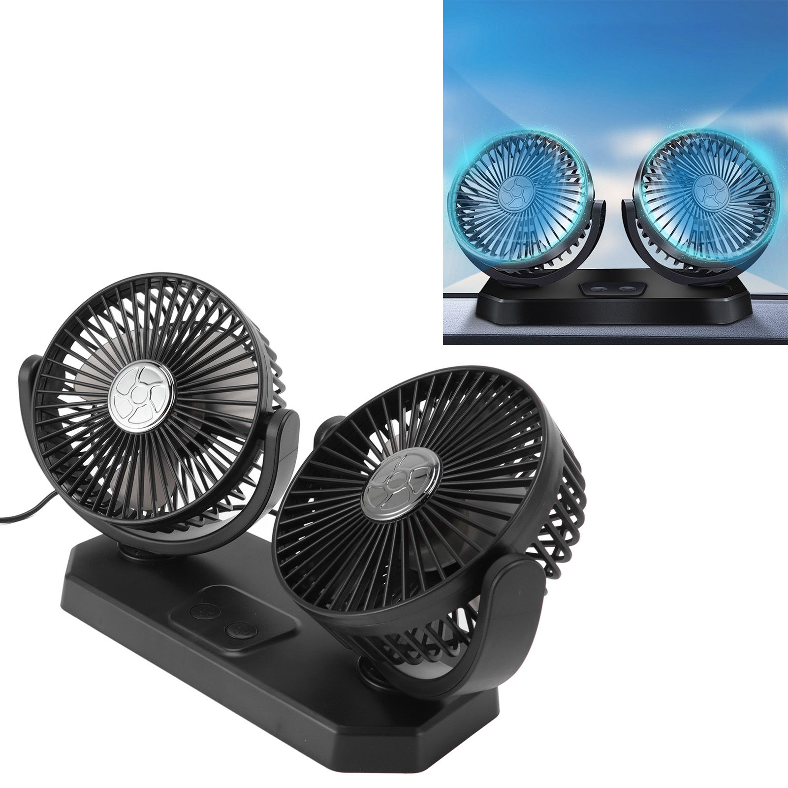 12V Double Head Electric Fan Double Control 3 Gears Strong Wind USB Charging view 11