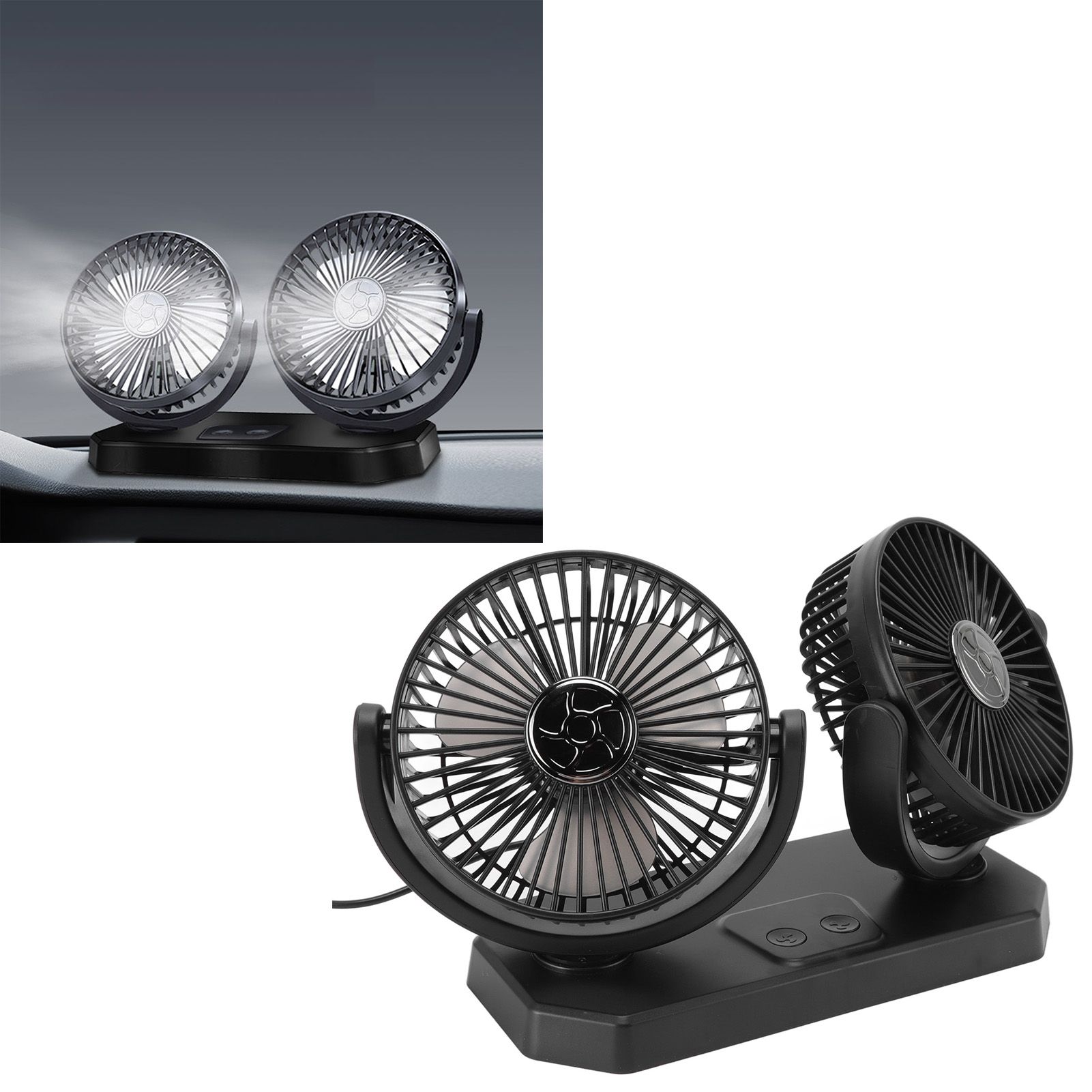 12V Double Head Electric Fan Double Control 3 Gears Strong Wind USB Charging view 12