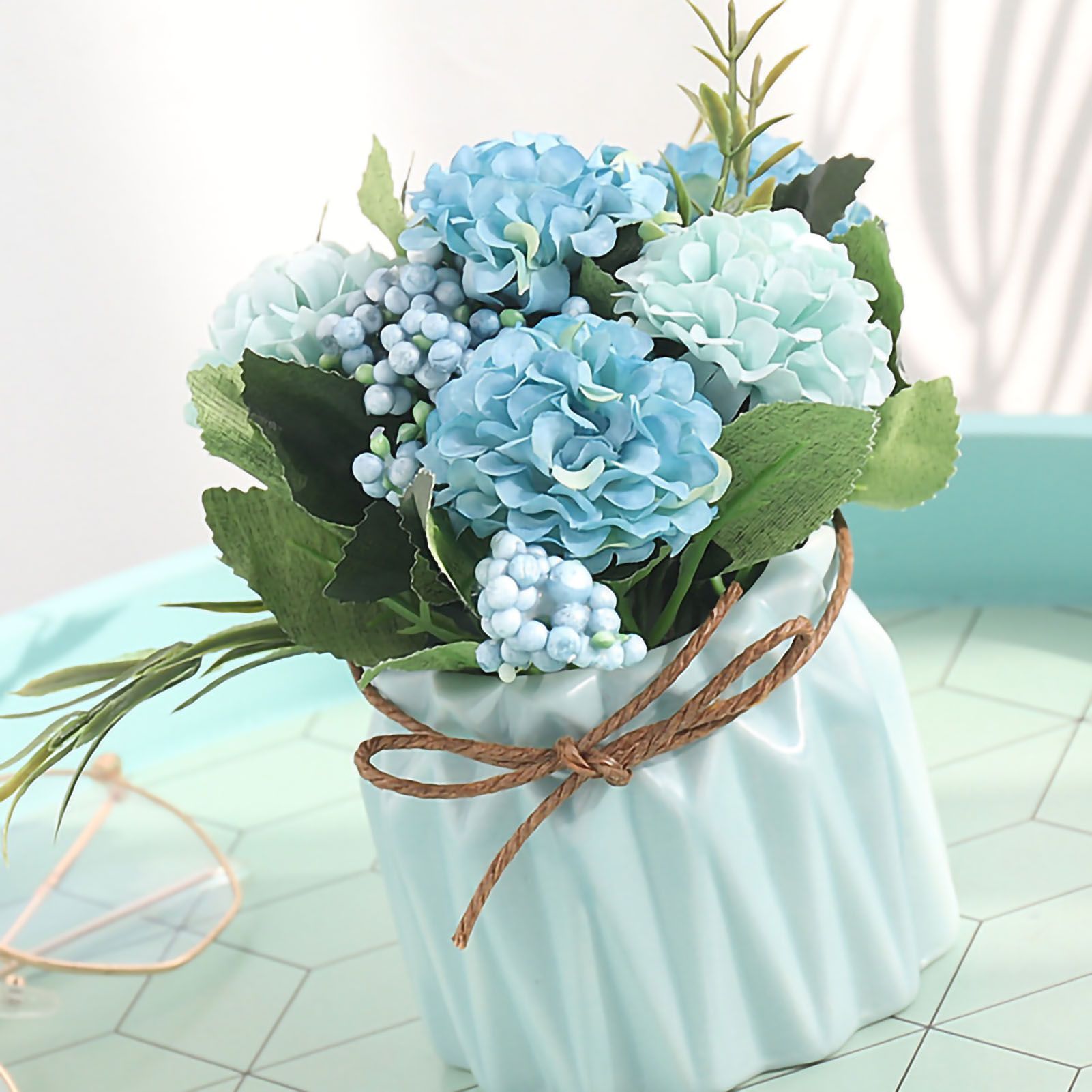Artificial Fake Potted Flowers Bouquet Hydrangea with Vase for Dining Table view 2