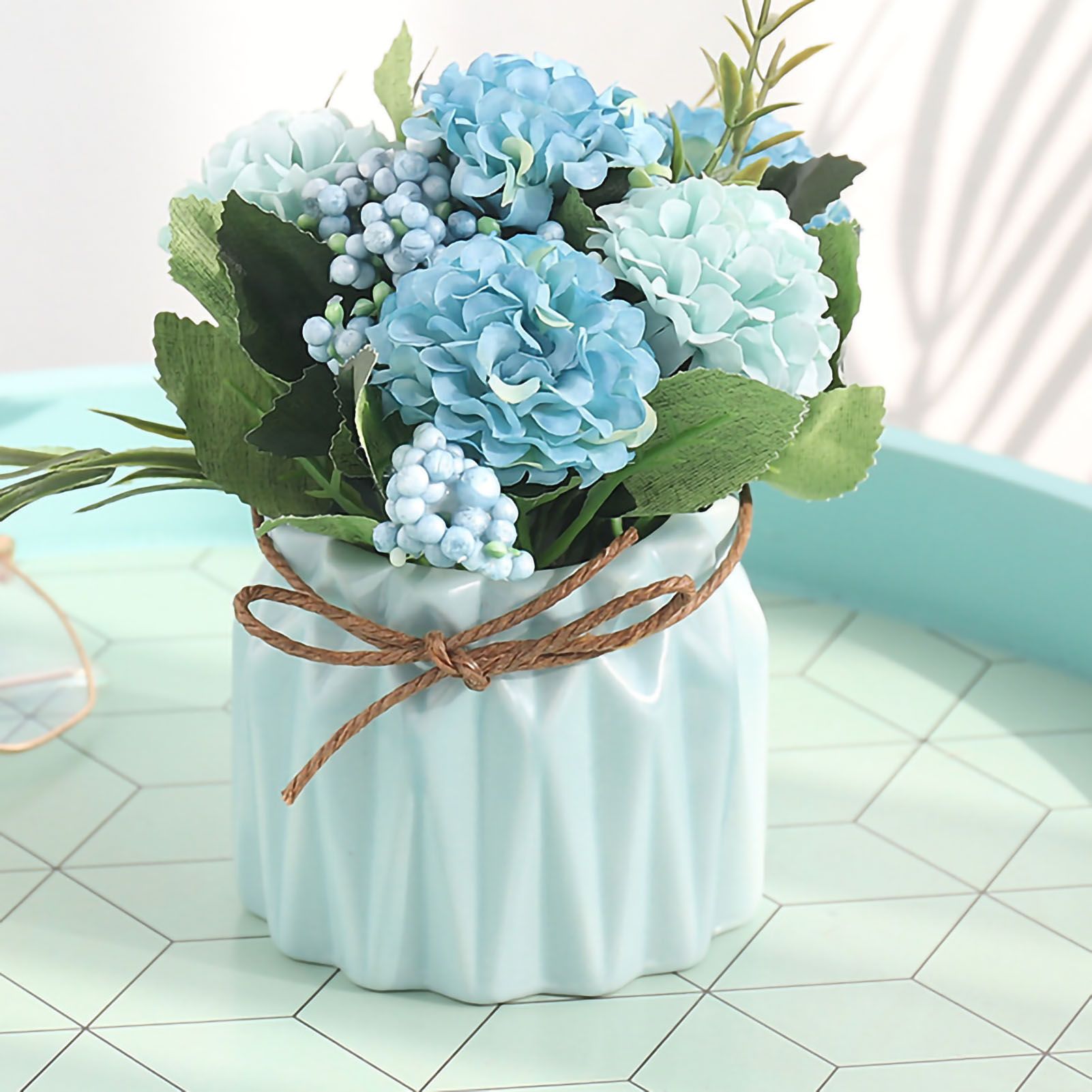 Artificial Fake Potted Flowers Bouquet Hydrangea with Vase for Dining Table view 4