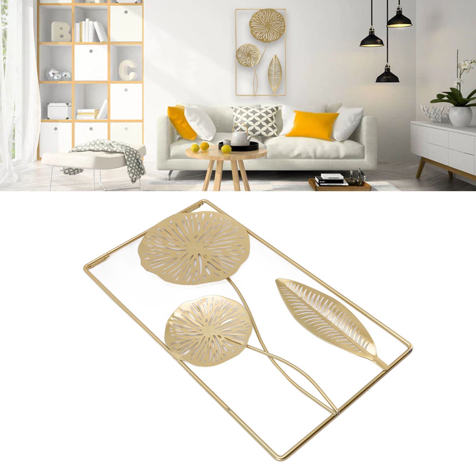 Iron Hanging Wall Decor Hollowed Rectangular Golden Flower Home Ornament for view 11