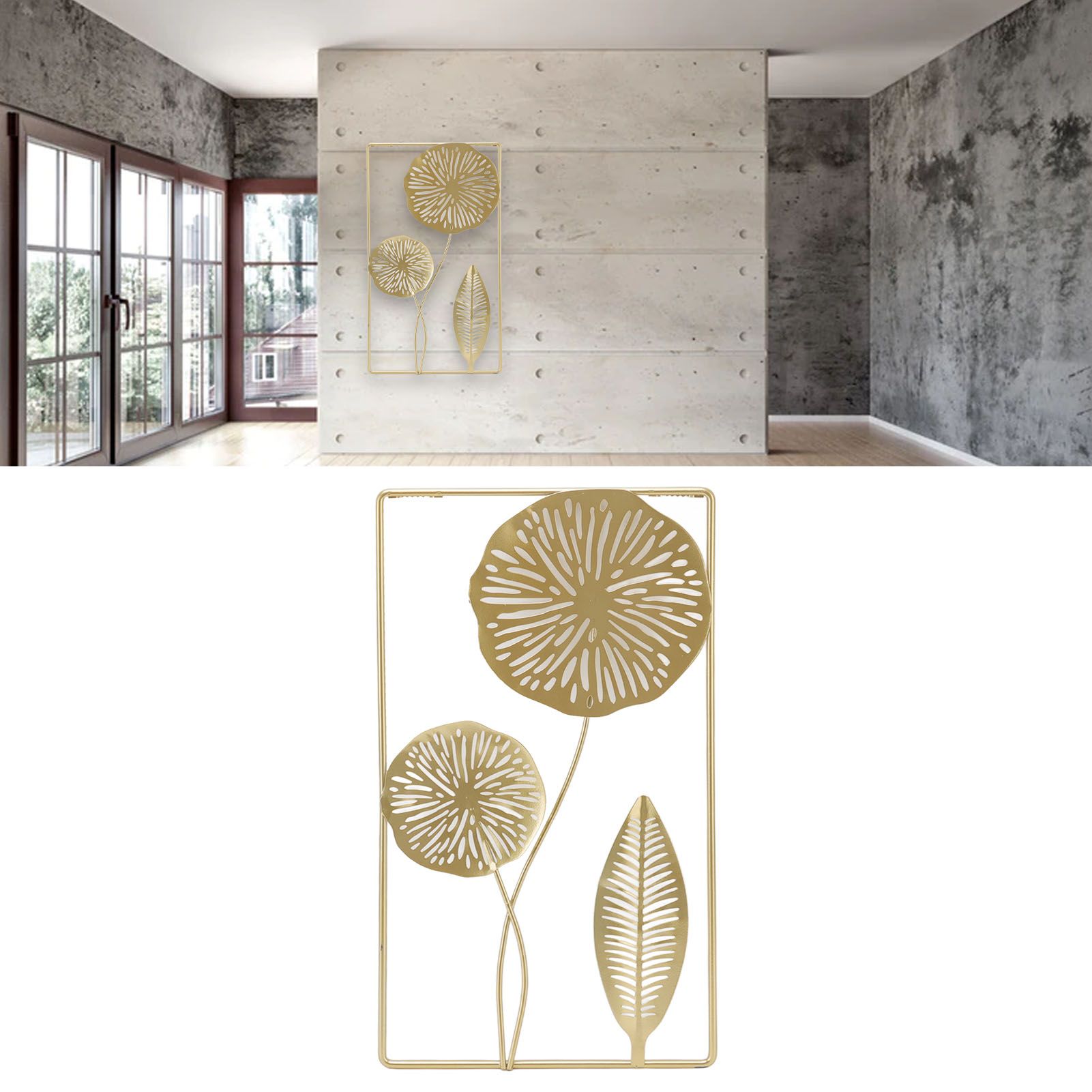 Iron Hanging Wall Decor Hollowed Rectangular Golden Flower Home Ornament for view 12