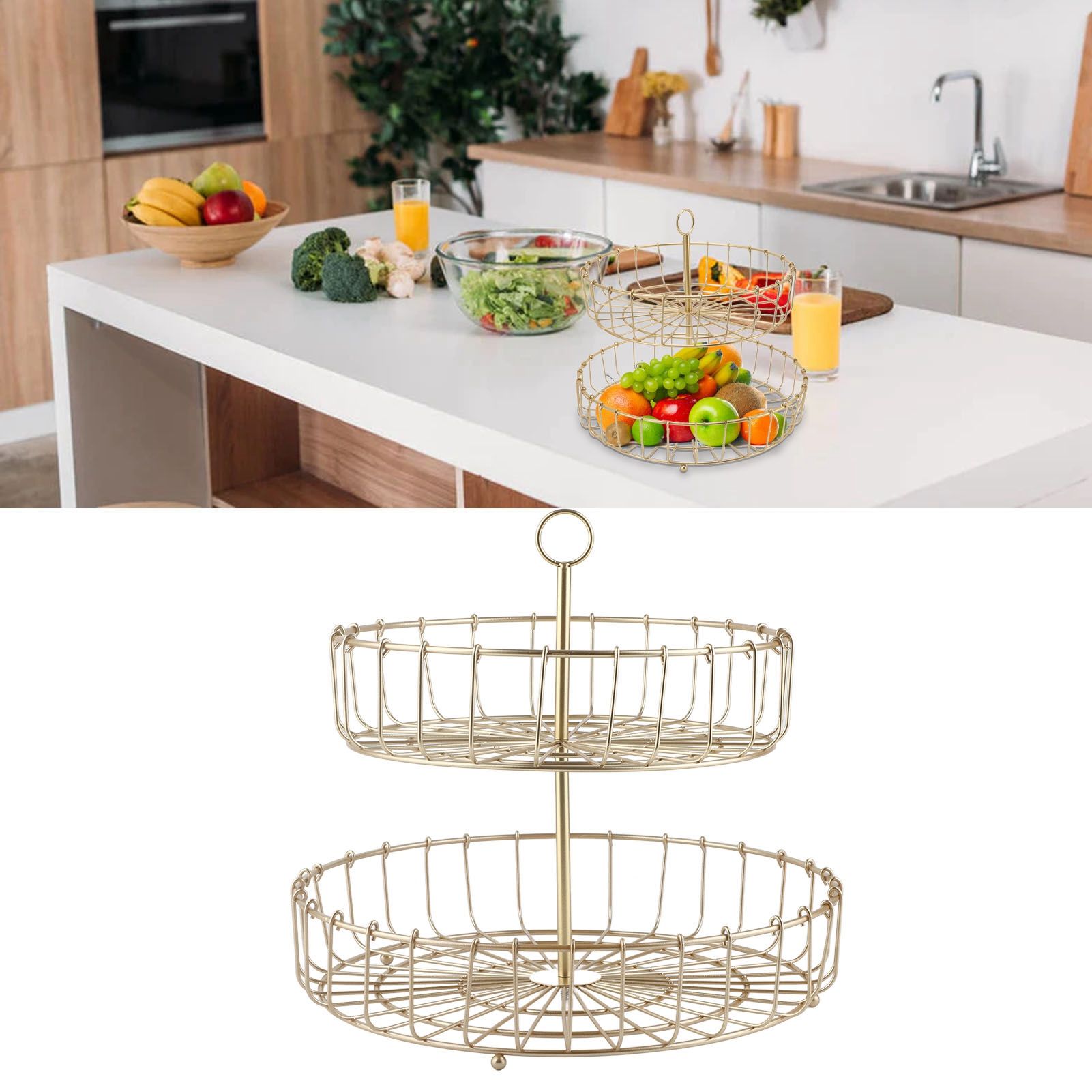 2 Tier Fruit Basket Iron Round Golden Nordic Household Snack Storage Tray for view 11