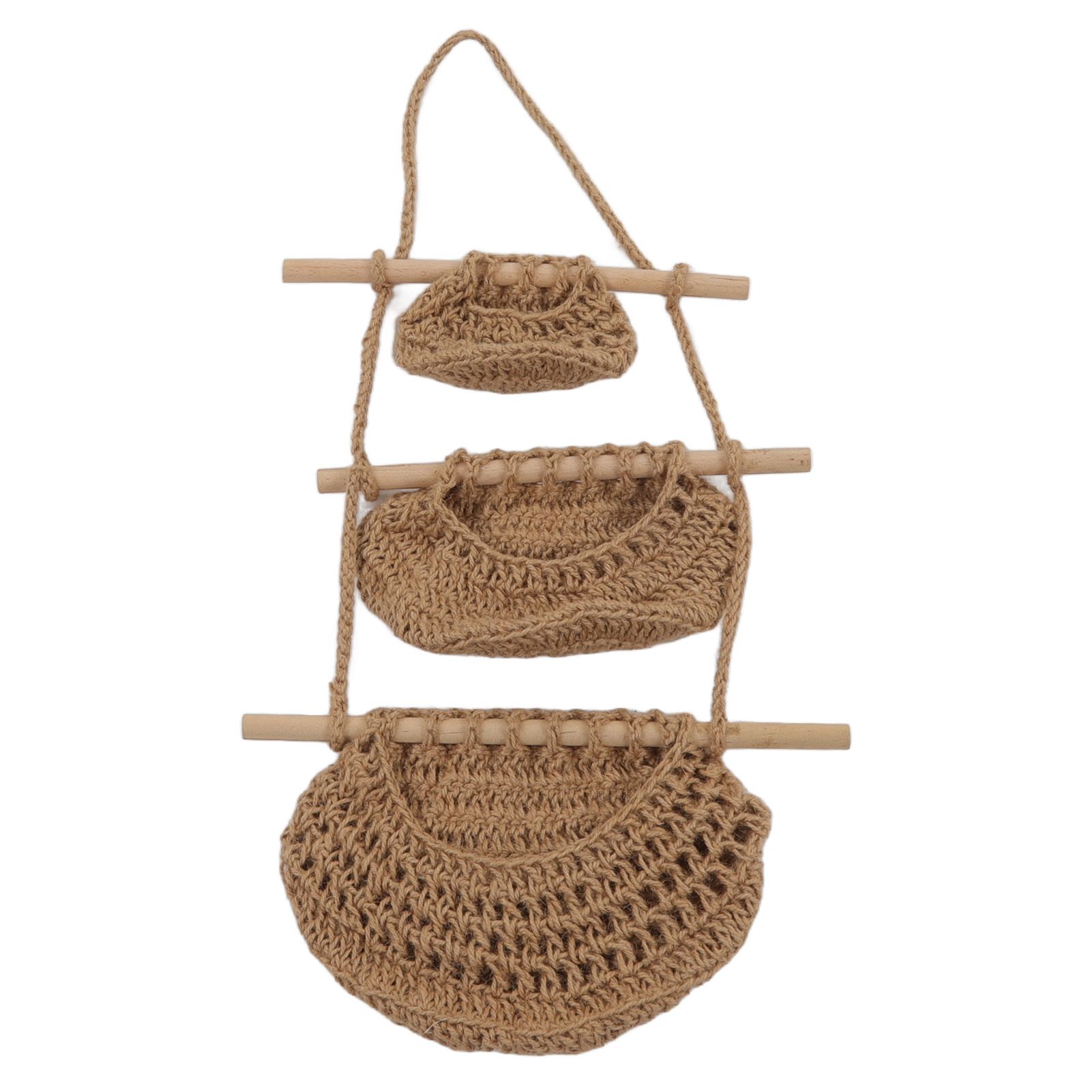 Hanging Fruit Basket 3 Tier Wall Mounted Handcraft Hemp Rope Wood 3 Tier