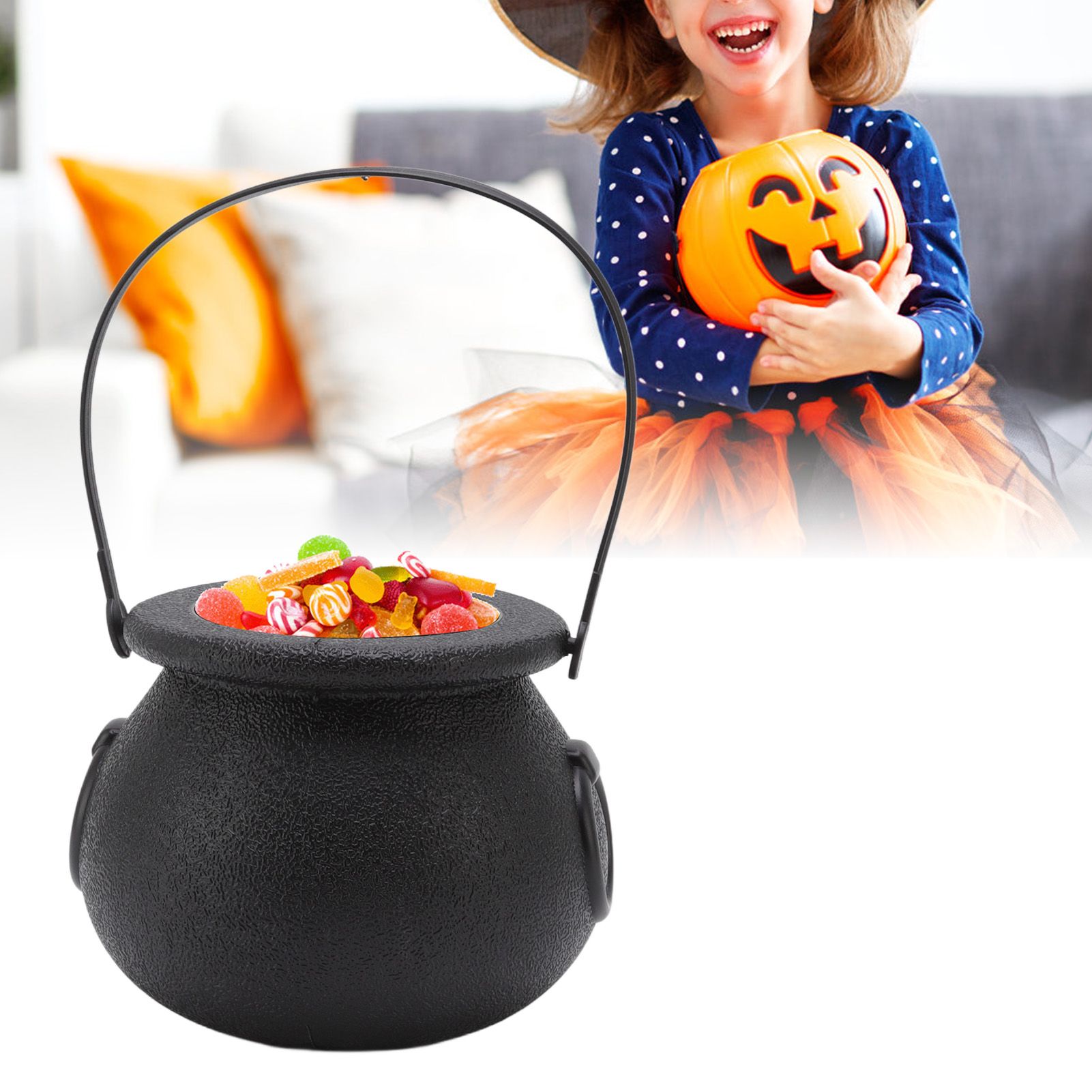 Candy Bucket Plastic Black Portable Cauldron Kettle Halloween Party Decoration view 12