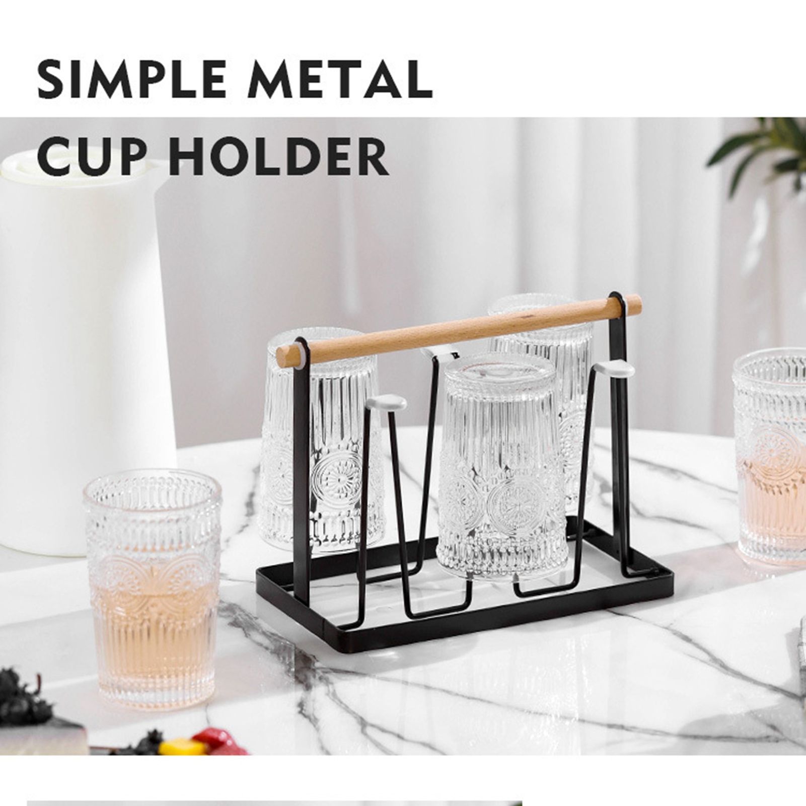 Cup Drying Rack 6 Hooks Wooden Handle Electroplating Iron Art Space Saving view 2