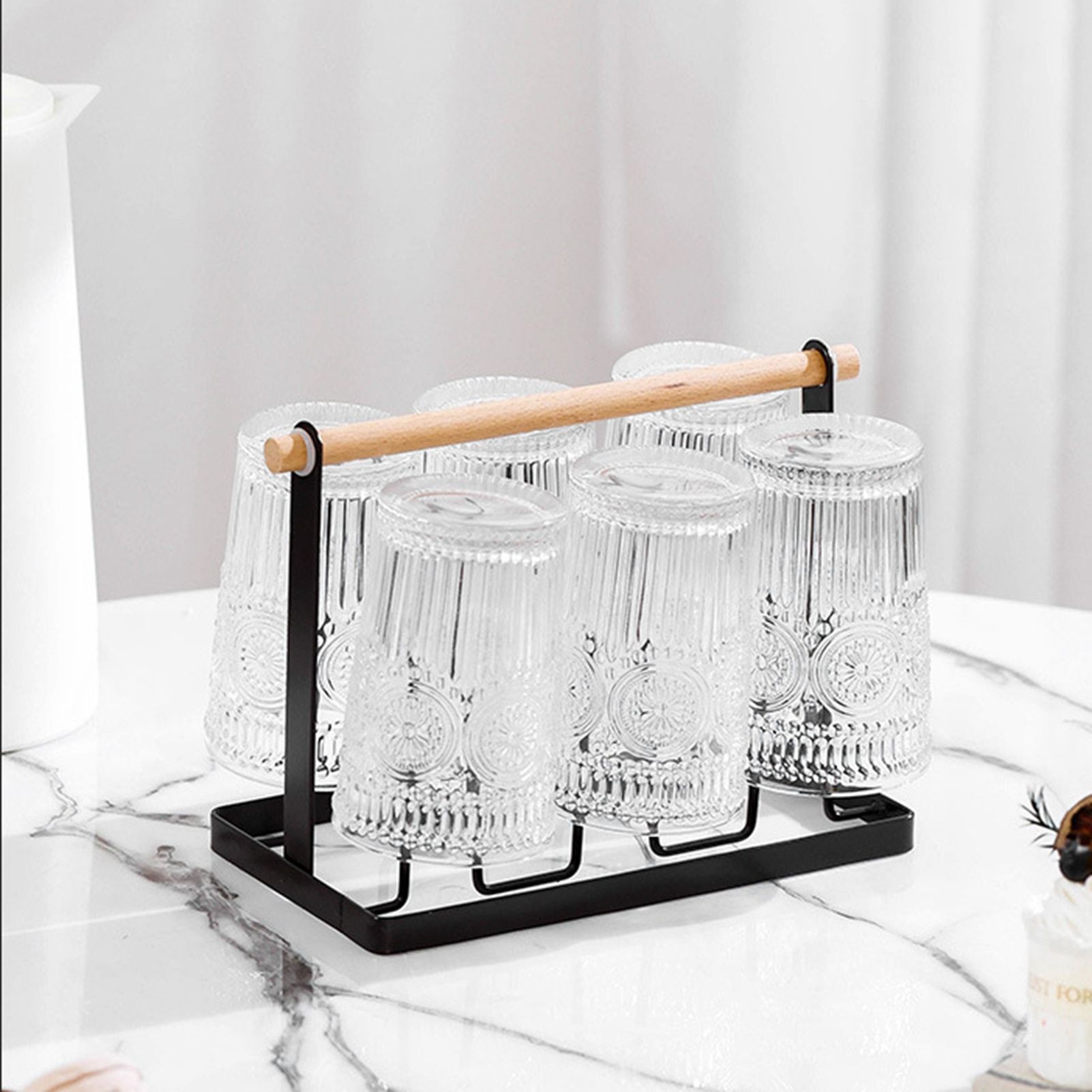 Cup Drying Rack 6 Hooks Wooden Handle Electroplating Iron Art Space Saving view 5