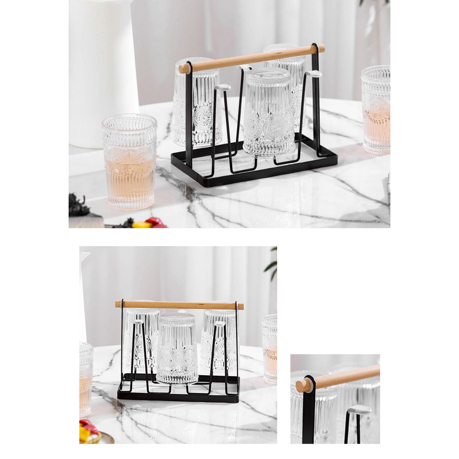 Cup Drying Rack 6 Hooks Wooden Handle Electroplating Iron Art Space Saving view 6