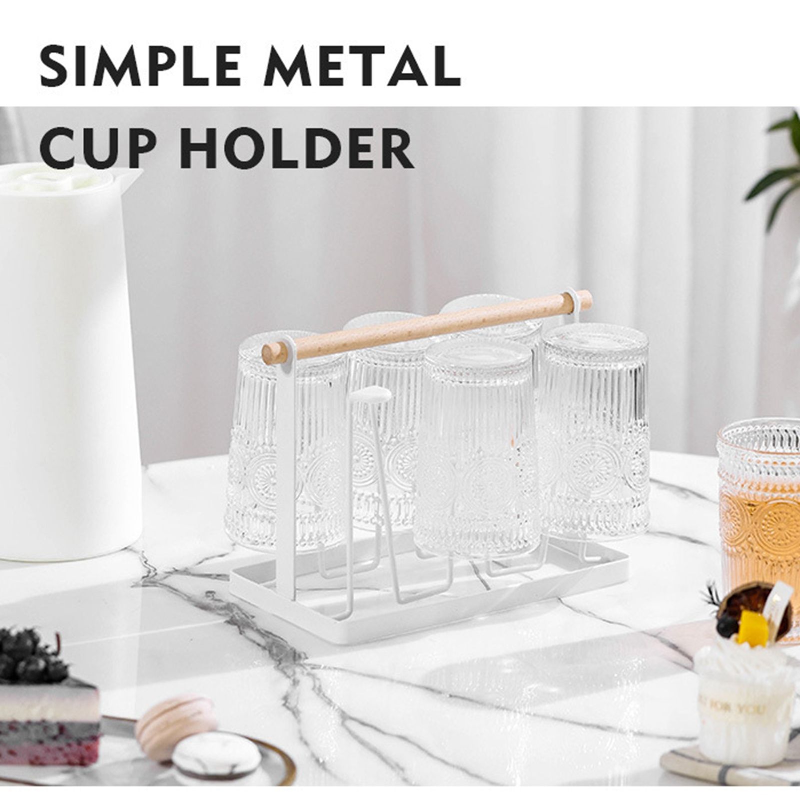 Cup Drying Rack 6 Hooks Wooden Handle Electroplating Iron Art Space Saving view 3