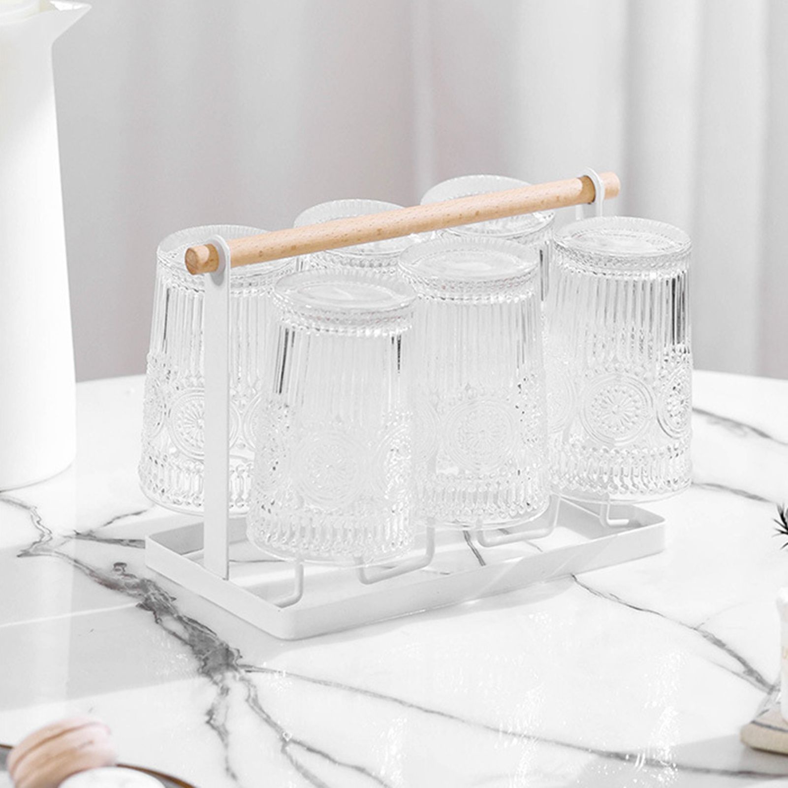 Cup Drying Rack 6 Hooks Wooden Handle Electroplating Iron Art Space Saving view 4