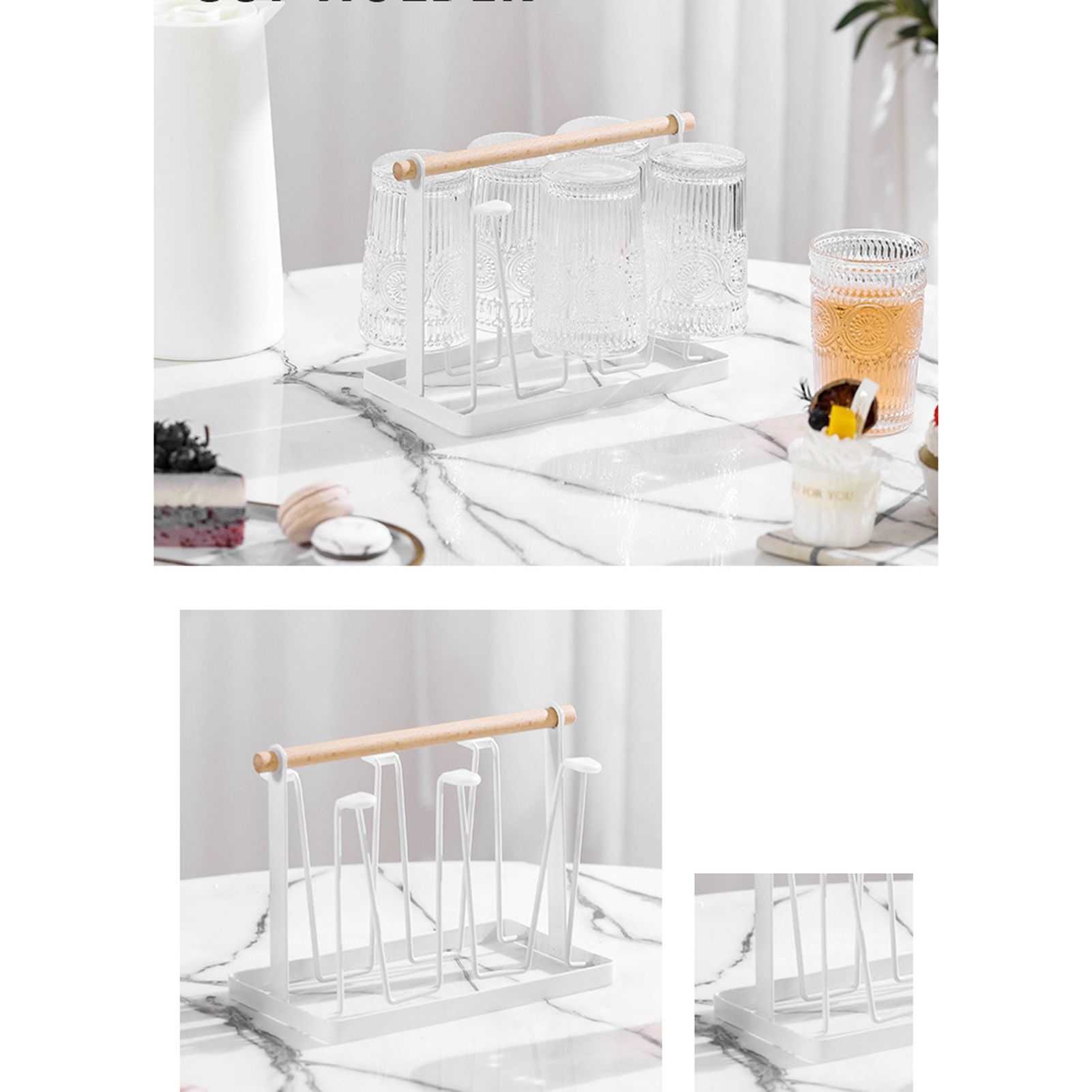 Cup Drying Rack 6 Hooks Wooden Handle Electroplating Iron Art Space Saving view 5