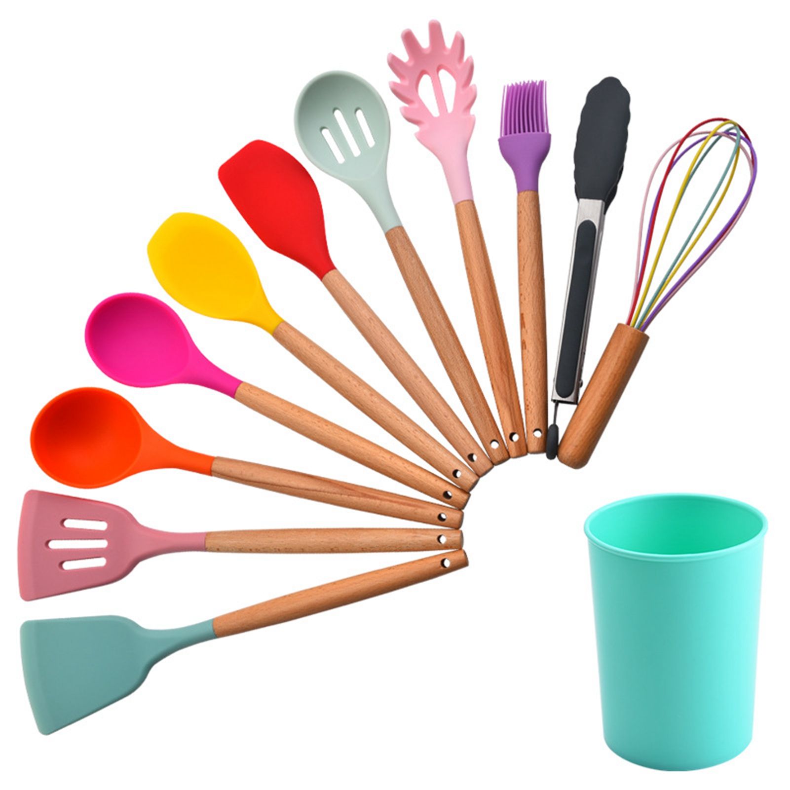 12pcs Cooking Utensils Set Silicone Colorful Wood Handle Cooking Kitchen