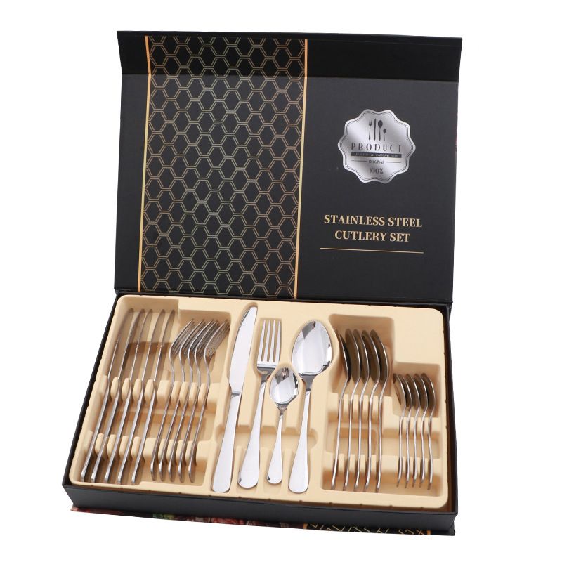 Flatware Set Stainless Steel Glossy 24 Pieces Steak Knife Fork Spoon Set for