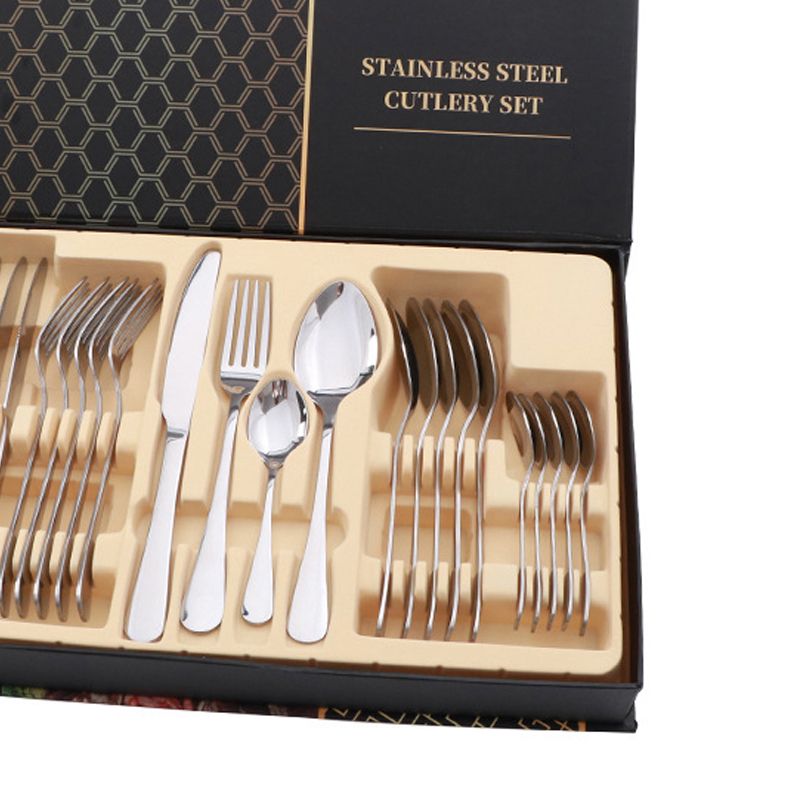 Flatware Set Stainless Steel Glossy 24 Pieces Steak Knife Fork Spoon Set for view 3