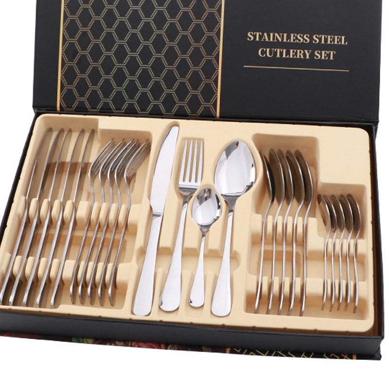 Flatware Set Stainless Steel Glossy 24 Pieces Steak Knife Fork Spoon Set for view 4