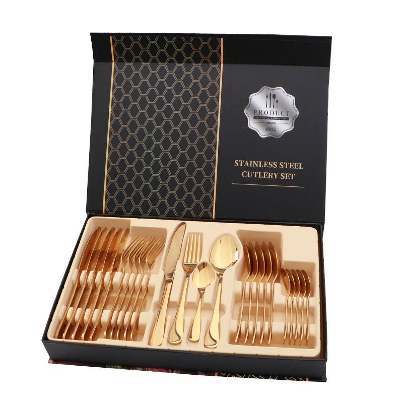 Flatware Set Stainless Steel Glossy 24 Pieces Steak Knife Fork Spoon Set for