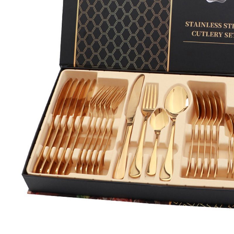 Flatware Set Stainless Steel Glossy 24 Pieces Steak Knife Fork Spoon Set for view 3