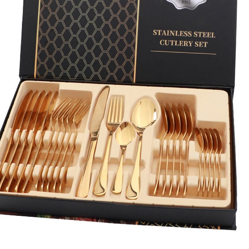 Flatware Set Stainless Steel Glossy 24 Pieces Steak Knife Fork Spoon Set for view 4