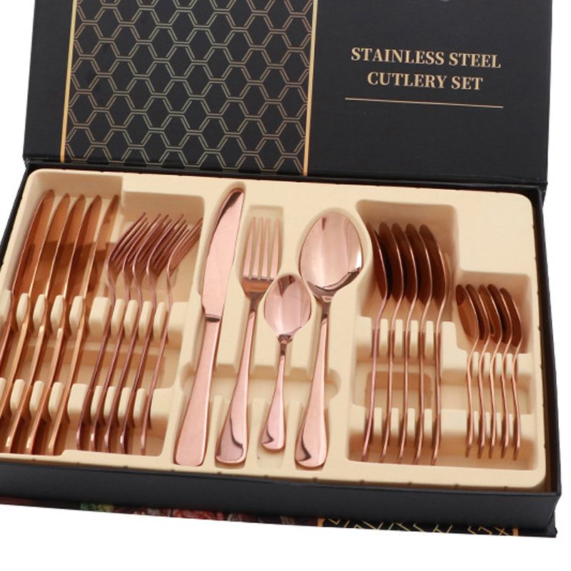 Flatware Set Stainless Steel Glossy 24 Pieces Steak Knife Fork Spoon Set for view 4