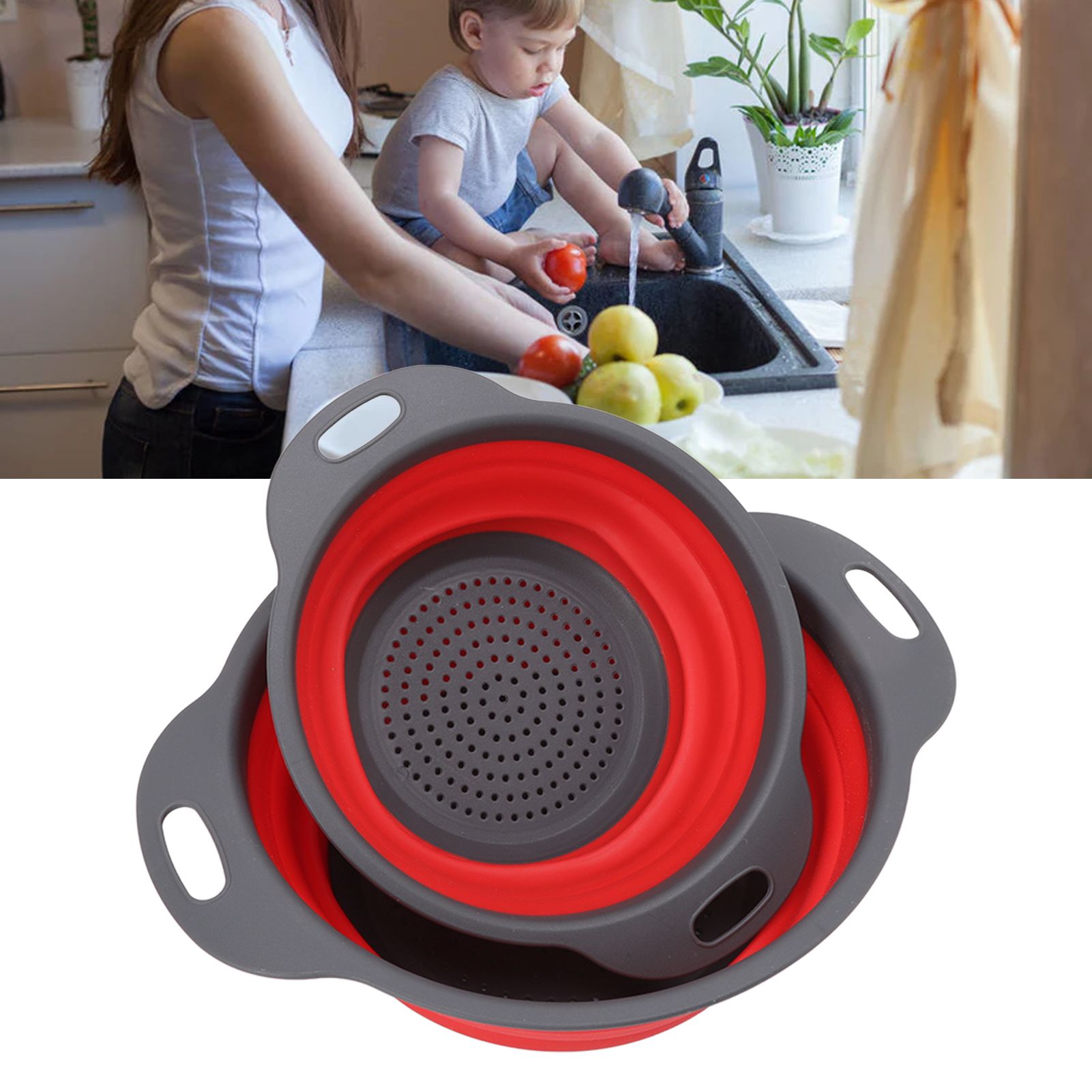 2 PCS Collapsible Colander Basket Round Retractable Big Small Drain Basket Set view 11