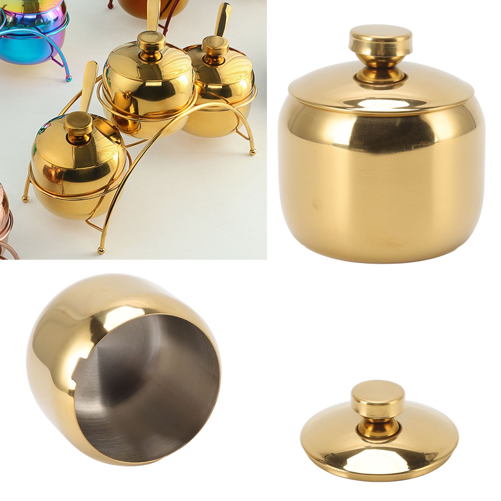 Stainless Steel Gold Seasoning Condiment Pot Spice Salt Sugar Pepper Container view 12