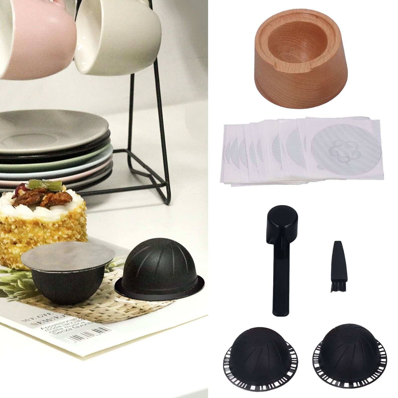 Coffee Capsule Filter Cup Kit Black with Beech Holder Aluminum Foil Spoon view 12