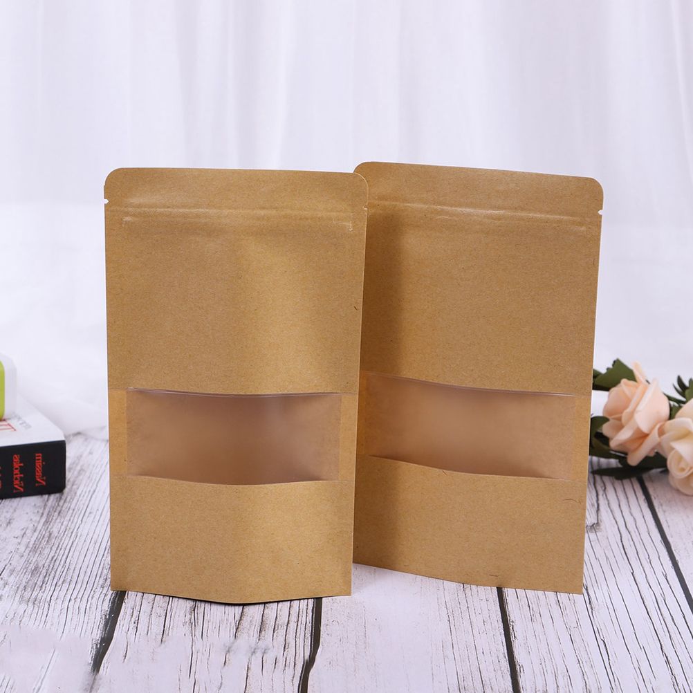 50Pcs Stand Up Pouch Bags Kraft Pouches with Tear Notch and Matte Window view 2