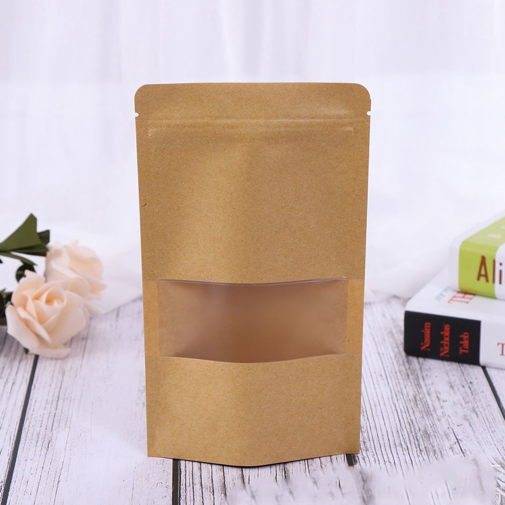 50Pcs Stand Up Pouch Bags Kraft Pouches with Tear Notch and Matte Window view 3